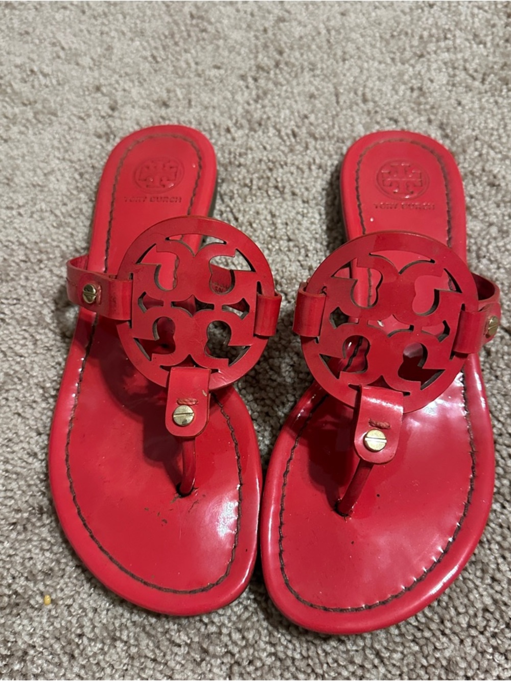 Tory Burch Red Logo Cutout Thong Sandals